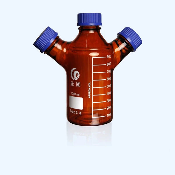 Three-necked HPLC bottle with GL45 screw cap, brown glass,capacity 250 to 2.000 ml Laborxing