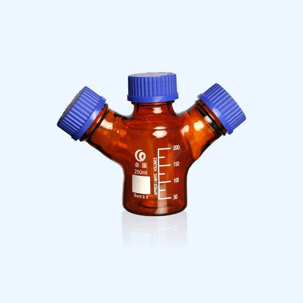 Three-necked HPLC bottle with GL45 screw cap, brown glass,capacity 250 to 2.000 ml Laborxing