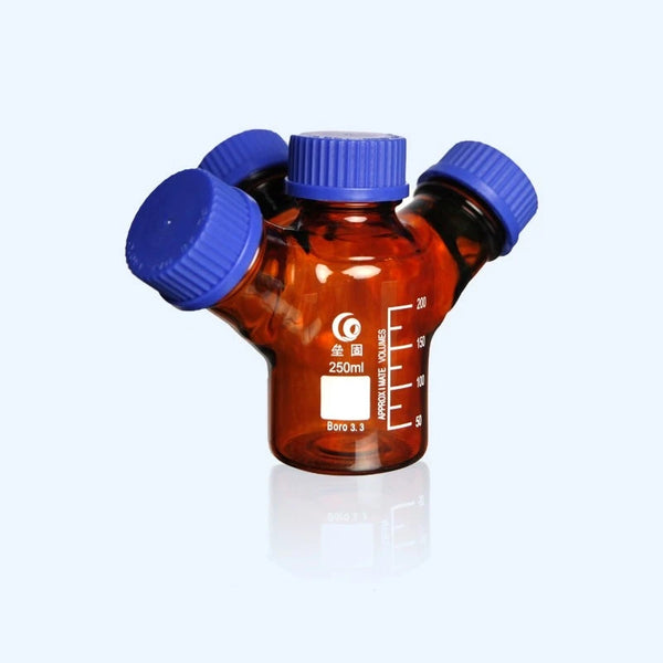 Four-necked HPLC bottle with GL45 screw cap, brown glass,capacity 250 to 2.000 ml Laborxing