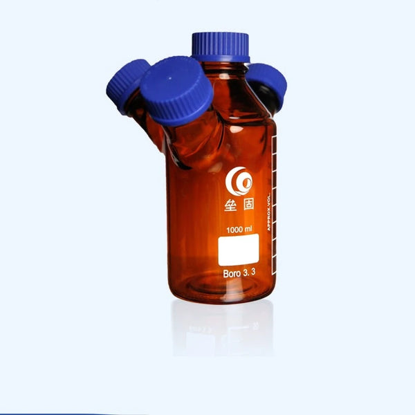 Four-necked HPLC bottle with GL45 screw cap, brown glass,capacity 250 to 2.000 ml Laborxing